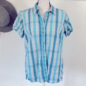 Columbia ladies short sleeve blue plaid shirt Size XL